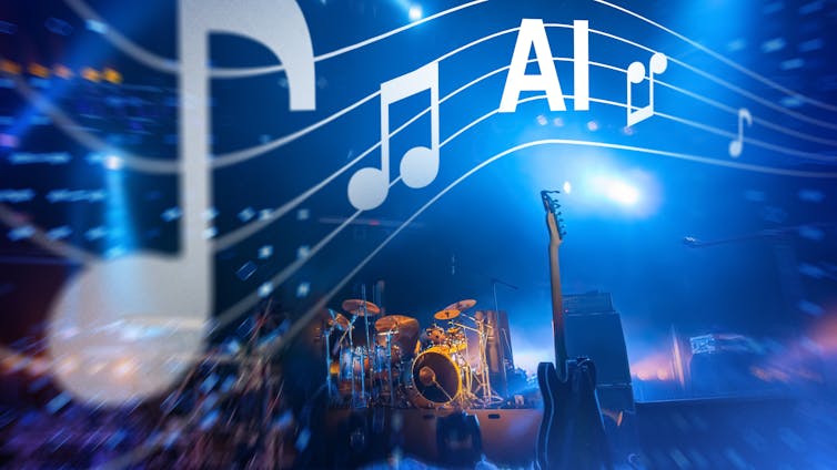 Concert stage with instruments and digital musical notes labelled AI, symbolising artificial intelligence in music creation.