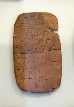 Linear A inscription on a clay tablet from Hagia Triada, Crete, probably dating to the 15th century BC. From the Archaeological Museum of Heraklion.