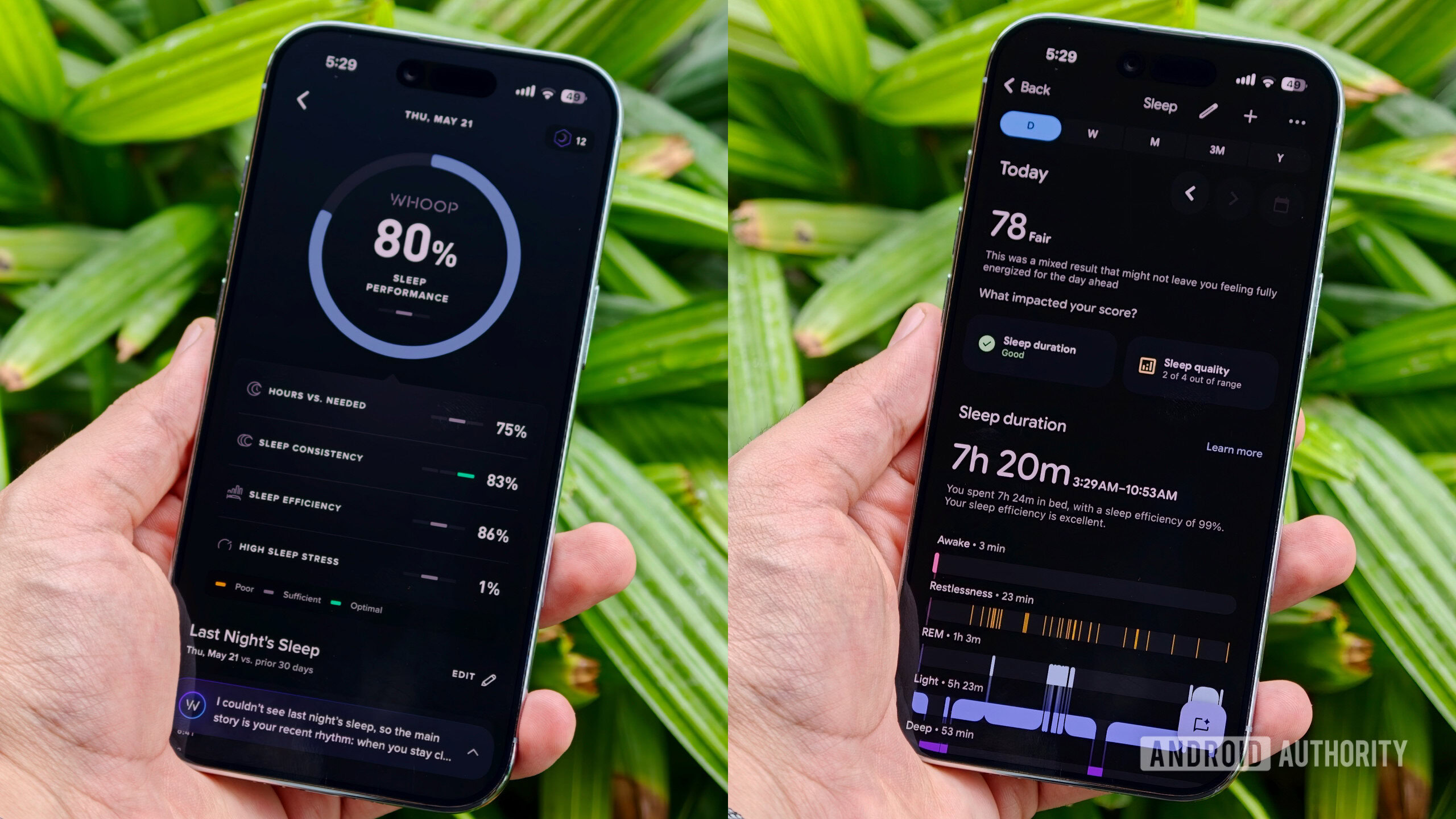 Sleep Analysis in Whoop App vs Google Health App fitbit air vs whoop app 2