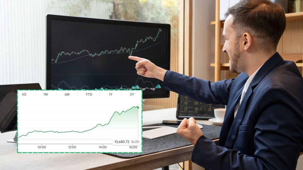 Ftse 100 graph and investor looking happy