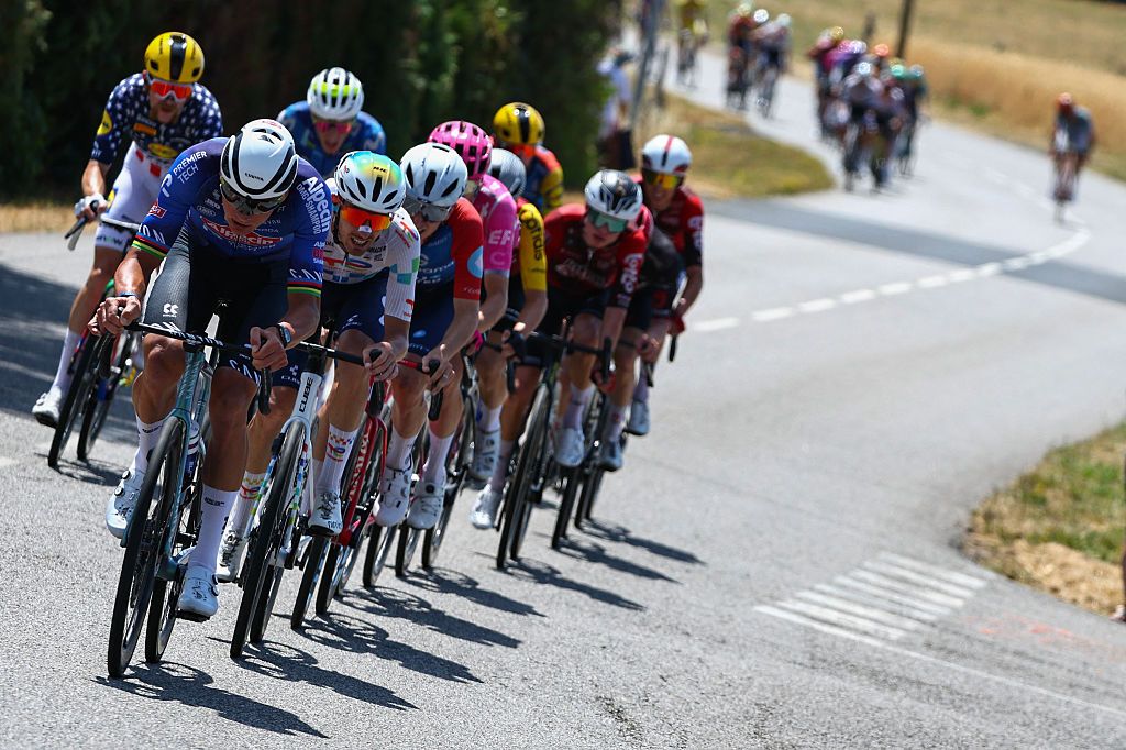 Alpecin - Premier Tech team's Dutch rider Mathieu van der Poel leads a breakaway during the 9th stage of the 113th edition of the Tour de France
