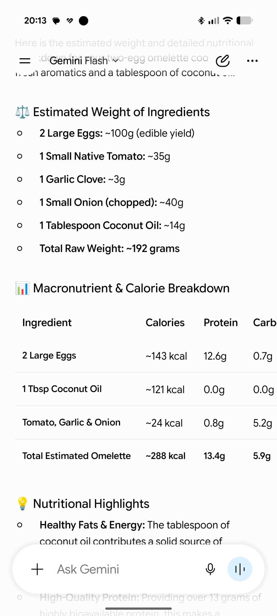 Gemini giving a macronutrients breakdown of a meal