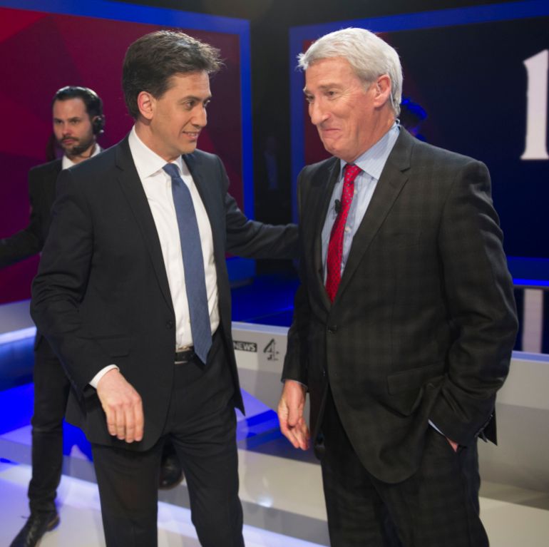 LONDON, ENGLAND - MARCH 26: In this handout provided by Sky News, Labour Party Leader Ed Miliband chats with Jeremy Paxman after the filming of 'Cameron & Miliband ; The Battle For Number 10' on March 26, 2015 in London, England. The TV show will air tonight at 9pm on Sky News. (Photo by Chris Lobina/Sky News via Getty Images)