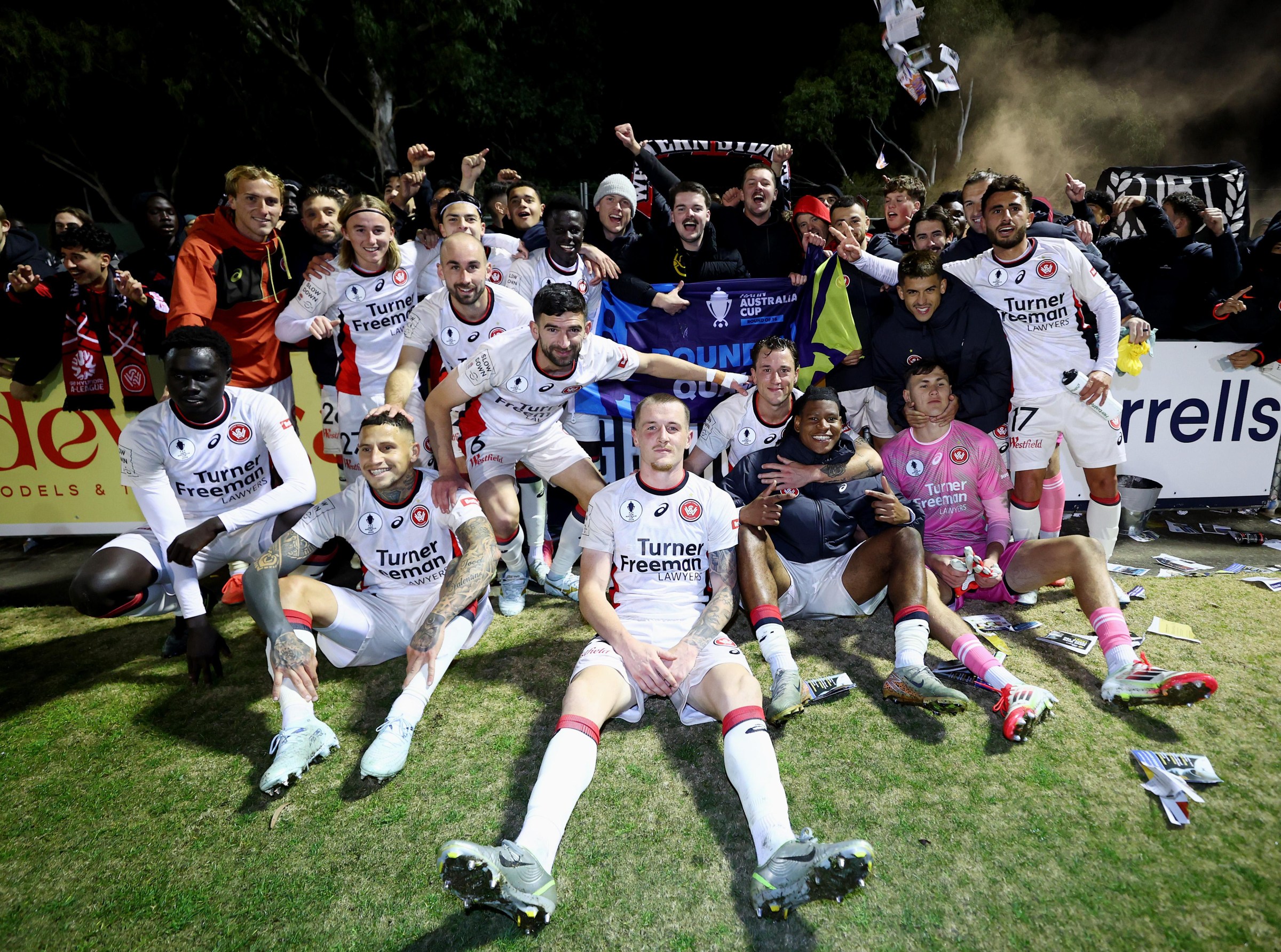 CANBERRA, AUSTRALIA - JULY 22: The wanderers celebrate with their fans after the Australia Cup round of 32 match between Tigers FC and Western Sydney Wanderers FC at McKellar Park on July 22, 2026 in Canberra, Australia. (Photo by Mark Nolan/Getty Images)