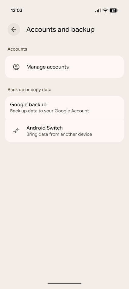 google accounts and backup settings page