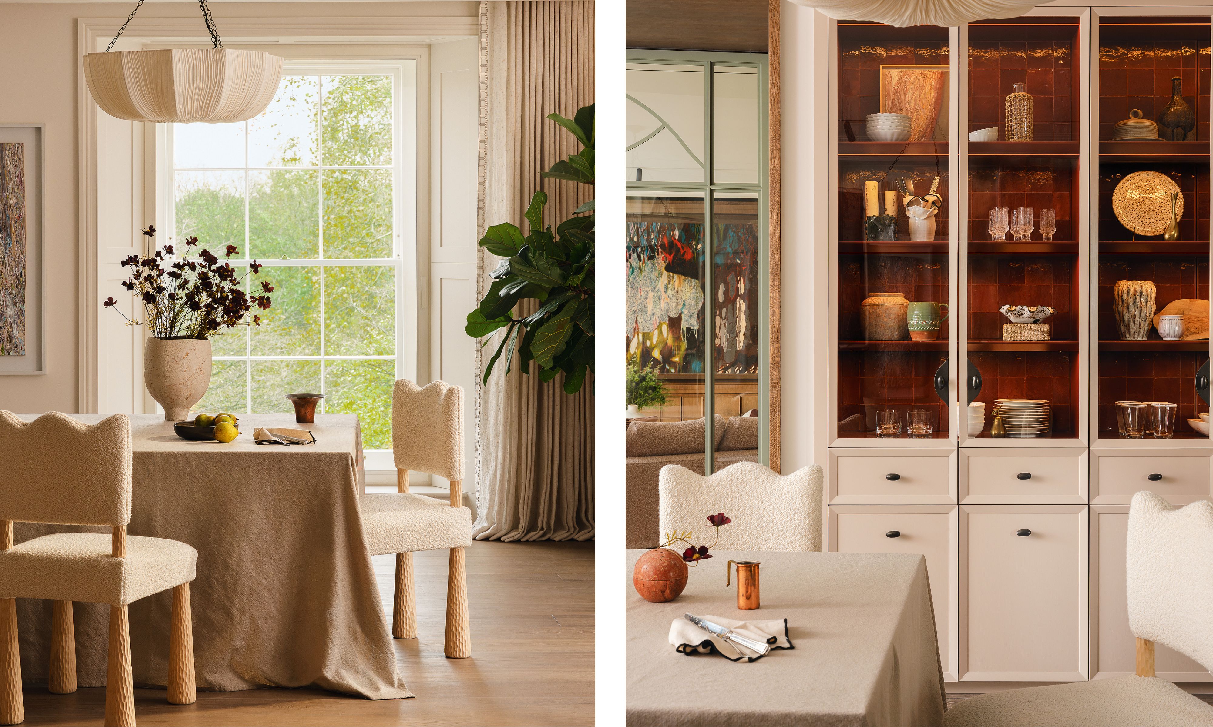 pale dining room shown from two angles with cabinetry on one wall