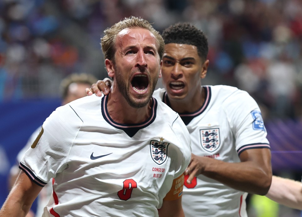 Harry Kane celebrates with teammate Jude Bellingham after scoring against DR Congo in the last 32 of the 2026 World Cup.