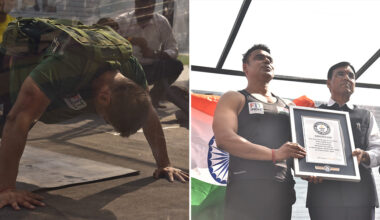 split image of man doing a push up and being presented with a guinness world records certificate