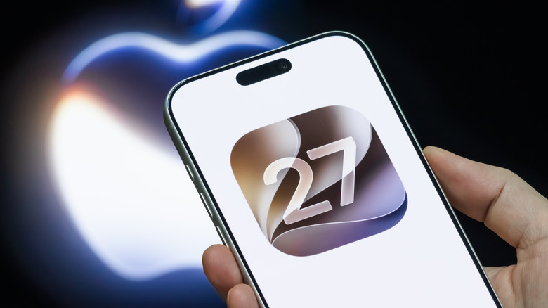Phone with the number 27 displayed in a square with rounded corners and the Apple logo in the background