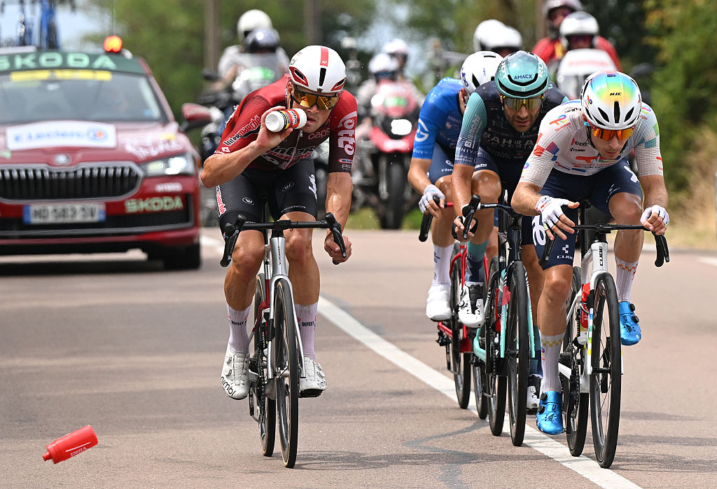 CHALON-SUR-SAONE, FRANCE - JULY 16: (L-R) Baptiste Veistroffer of France and Team Lotto Intermarche, Damiano Caruso of Italy and Team Bahrain - Victorious and Matteo Vercher of France and Team TotalEnergies compete in the breakaway during the 113th Tour de France 2026, Stage 12 a 179.1km stage from Circuit Nevers Magny-Cours to Chalon-sur-Saone / #UCIWT / on July 16, 2026 in Chalon-sur-Saone, France. (Photo by Dario Belingheri/Getty Images)