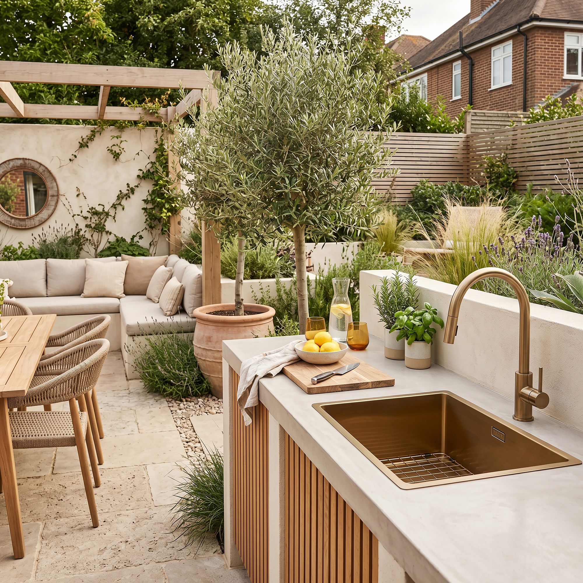 an outdoor kitchen in a mediterranean garden with an olive tree