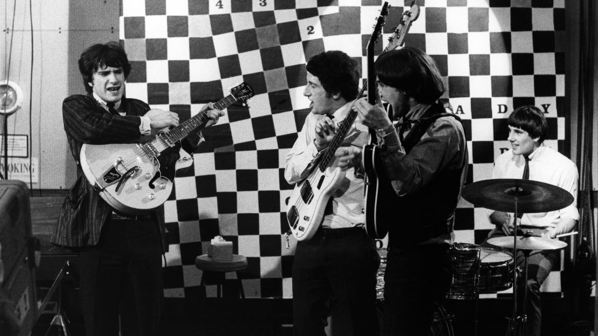 Photo of KINKS and Ray DAVIES and Pete QUAIFE and Dave DAVIES and Mick AVORY, Group performing on tv show L-R Ray Davies, Pete Quaife, Dave Davies and Mick Avory