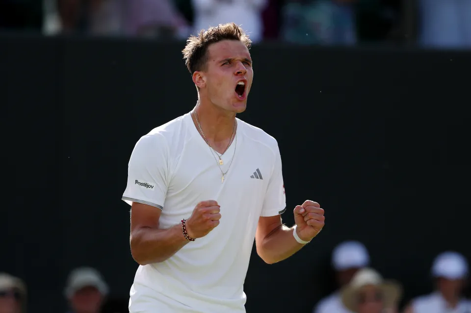 Jakub Mensik celebrates win over Toby Samuel at Wimbledon