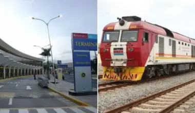 A collage of the JKIA passenger terminal and a Kenya Railways train in motion.
