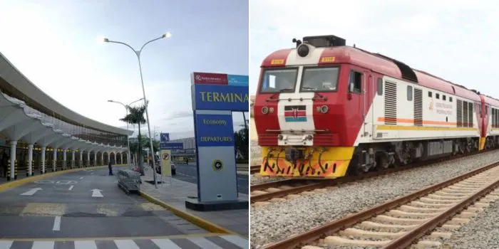A collage of the JKIA passenger terminal and a Kenya Railways train in motion.