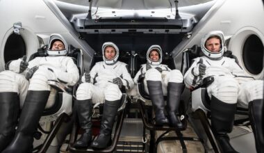 The SpaceX Crew-13 members are pictured in their pressure suits seated inside a mockup Dragon spacecraft during a preflight training session at the company's headquarters in Hawthorne, California. From left are, Roscosmos Sergey Teteryatnikov, NASA astronauts Luke Delaney and Jessica Watkins, and CSA (Canadian Space Agency) astronaut Joshua Kutryk.