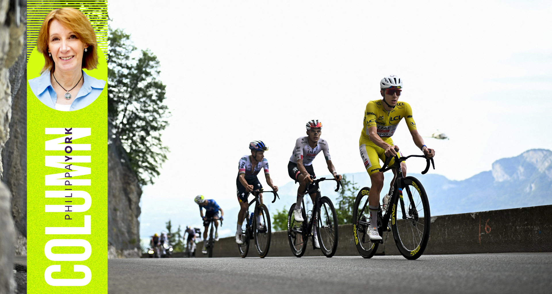 Tadej Pogačar rides with Isaac Del Toro and Remco Evenepoel during stage 15 of the Tour. Left: Philippa York's profile photo. (Photo by JASPER JACOBS/ BELGA MAG / Belga / AFP via Getty Images)