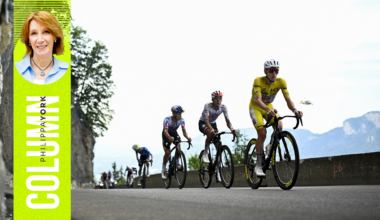 Tadej Pogačar rides with Isaac Del Toro and Remco Evenepoel during stage 15 of the Tour. Left: Philippa York's profile photo. (Photo by JASPER JACOBS/ BELGA MAG / Belga / AFP via Getty Images)