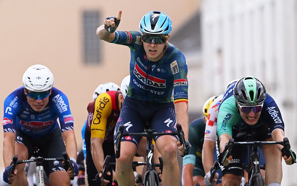 Tim Merlier of Belgium and Team Soudal Quick-Step celebrates at finish line as stage winner ahead of Olav Kooij of Netherlands and Decathlon CMA CGM Team, Jasper Philipsen of Belgium and Team Alpecin-Premier Tech during the 113th Tour de France 2026, Stage 12 a 179.1km stage from Circuit Nevers Magny-Cours to Chalon-sur-Saone / #UCIWT / on July 16, 2026 in Chalon-sur-Saone, France. (Photo by Tim de Waele/Getty Images)