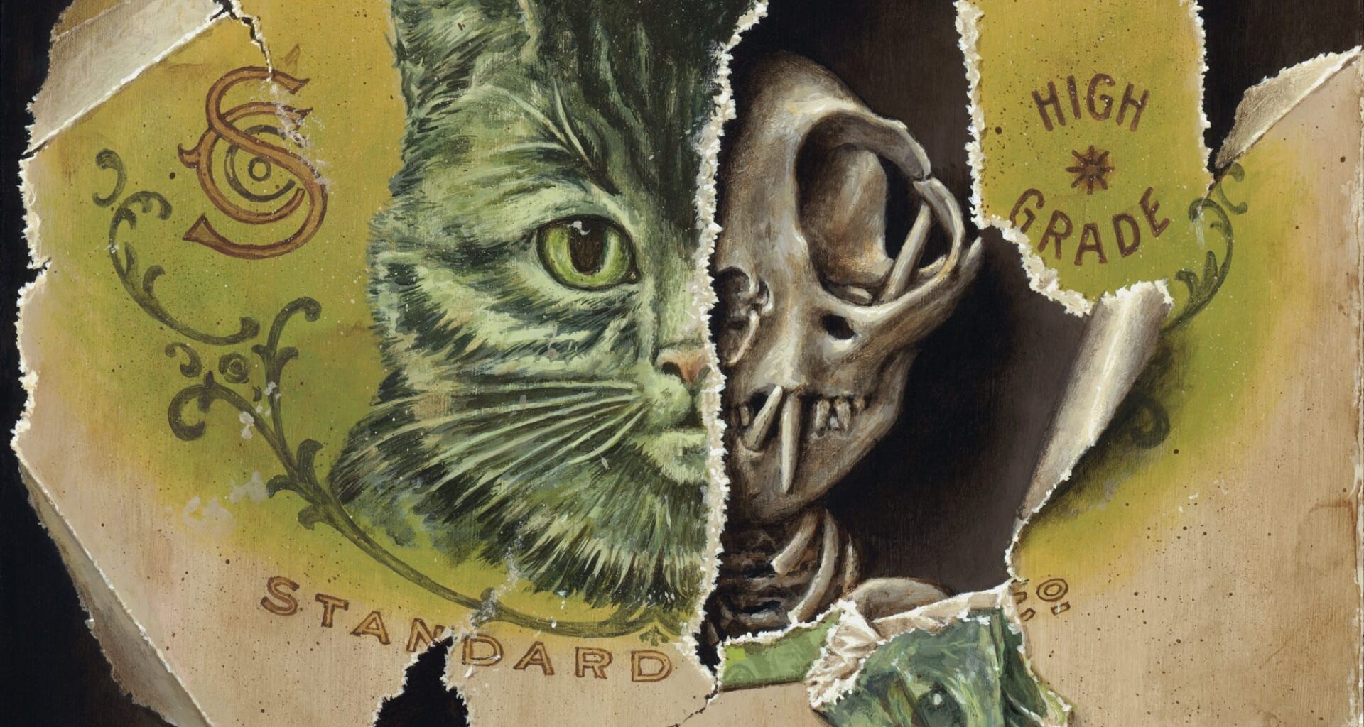 a trompe leoil painting by Jason Limon of a torn memorial and cat skeleton