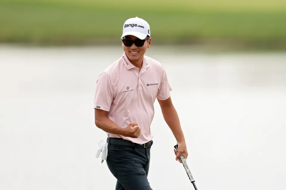Michael Kim of the United States celebrates after making birdie on the 18th green during the second round of the 3M Open 2026
