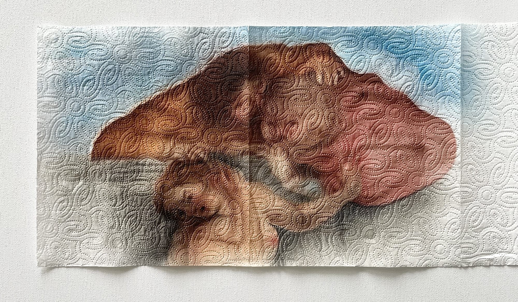a painting of two figures from a Renaissance painting on two sheets of paper towel