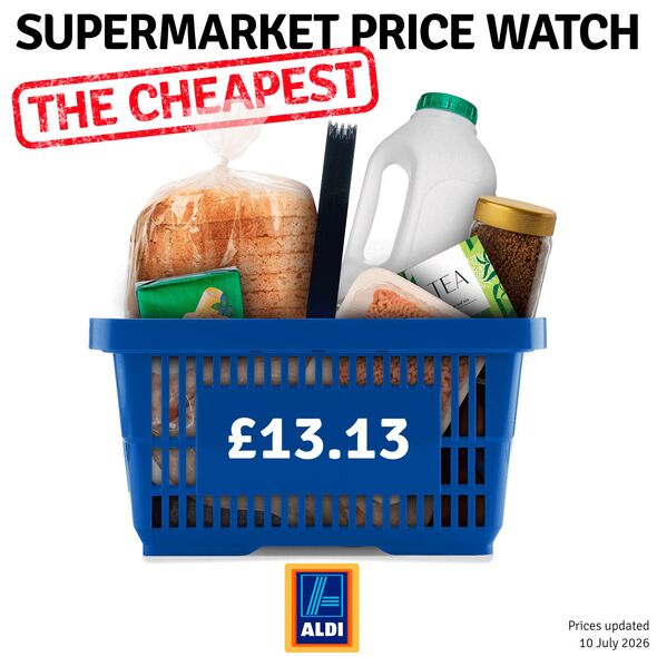 A blue plastic basket filled with various food items, including slices of bread, a bottle of milk, and a jar of spread, displaye