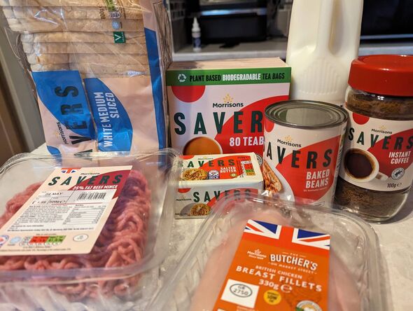 A variety of grocery items are neatly arranged on a table, including meat, pasta, canned goods, and condiments. Each item is ind