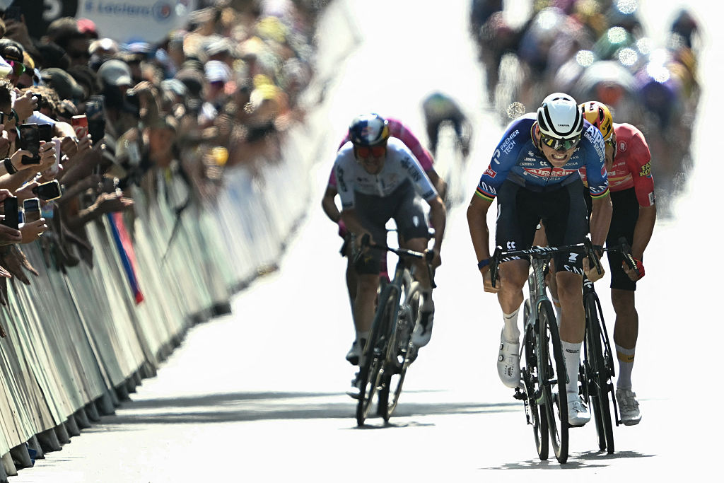 Alpecin - Premier Tech team's Dutch rider Mathieu van der Poel sprints to the finish line to win the 9th stage