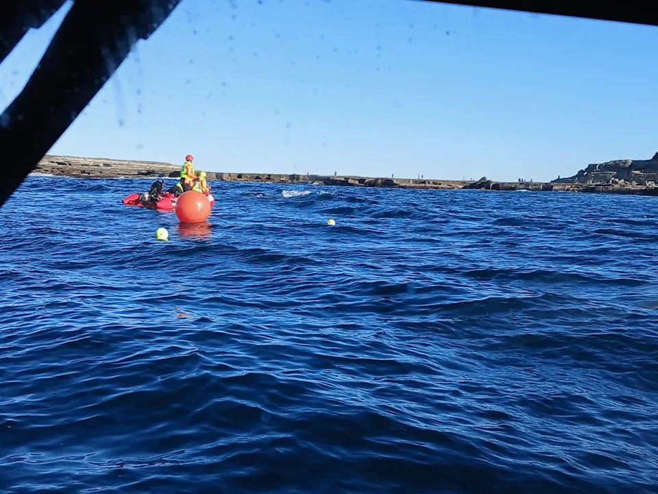 The rescue team from the National Parks and Wildlife Service (NPWS) Large Whale Disentanglement can be seen attending to the whale in an inflatable rescue boat.