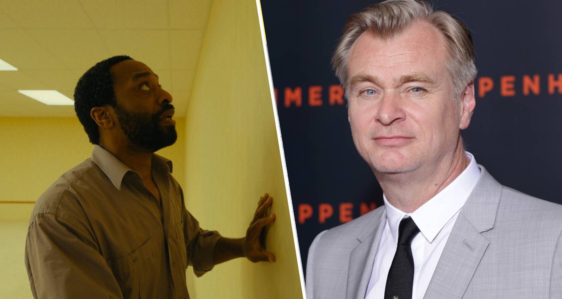 Left: Backrooms Protagonist looking right at blank wall in panicked state. Right: PARIS, FRANCE - JULY 11: Christopher Nolan attends the "Oppenheimer" premiere at Cinema Le Grand Rex on July 11, 2023 in Paris, France.