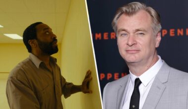 Left: Backrooms Protagonist looking right at blank wall in panicked state. Right: PARIS, FRANCE - JULY 11: Christopher Nolan attends the "Oppenheimer" premiere at Cinema Le Grand Rex on July 11, 2023 in Paris, France.