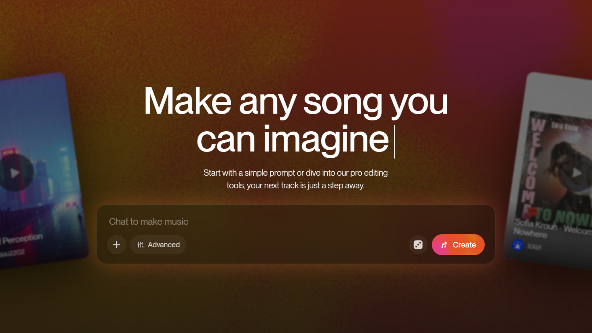 A screenshot of the Suno landing page, with a prompt box and the text "Make any song you can imagine"
