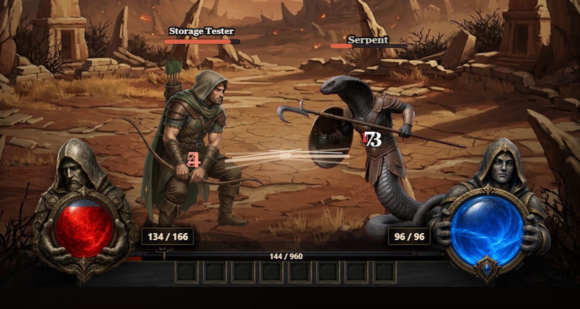 Bahast screenshot showing human warrior fighting serpent warrior in desert biome
