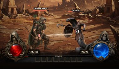 Bahast screenshot showing human warrior fighting serpent warrior in desert biome