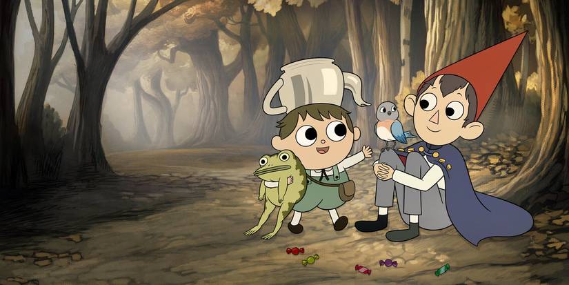 Greg holding his frog and standing next to a sitting Wirt as Beatrice rests on Wirt's knee in Over the Garden Wall