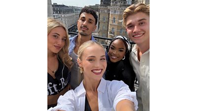 Group photo of the five new Strictly Come Dancing Professional Dancers: Aleksandra Isaeva, Cristian Priori, Lethabo Monametsi, Maddie Ingoldsby and Mark Karmalita. 