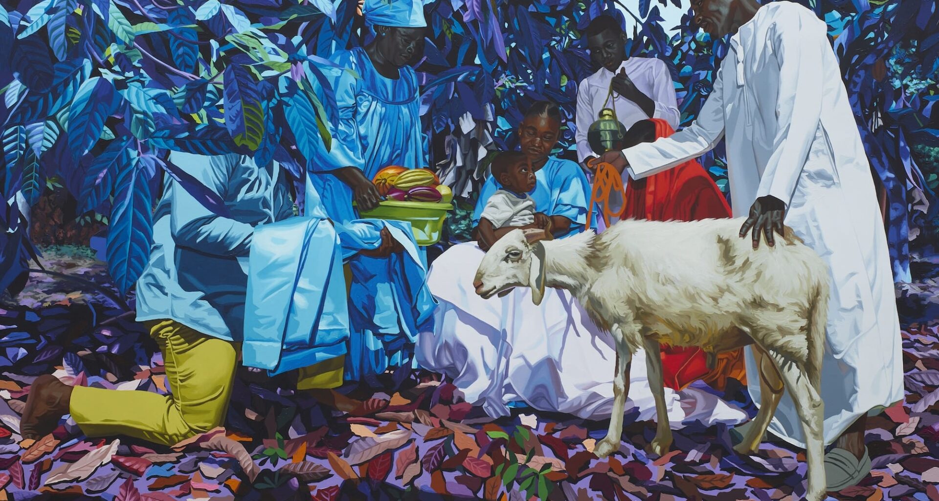 an acrylic painting by Marc Padeu of a group of people sitting around in the shade of trees, with one person presenting a goat and another presenting a plate of melons