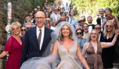 Paulina Porizkova Wore a Pleated Dress Inspired by Water for Her Lakeside Italian Wedding to Jeff Greenstein