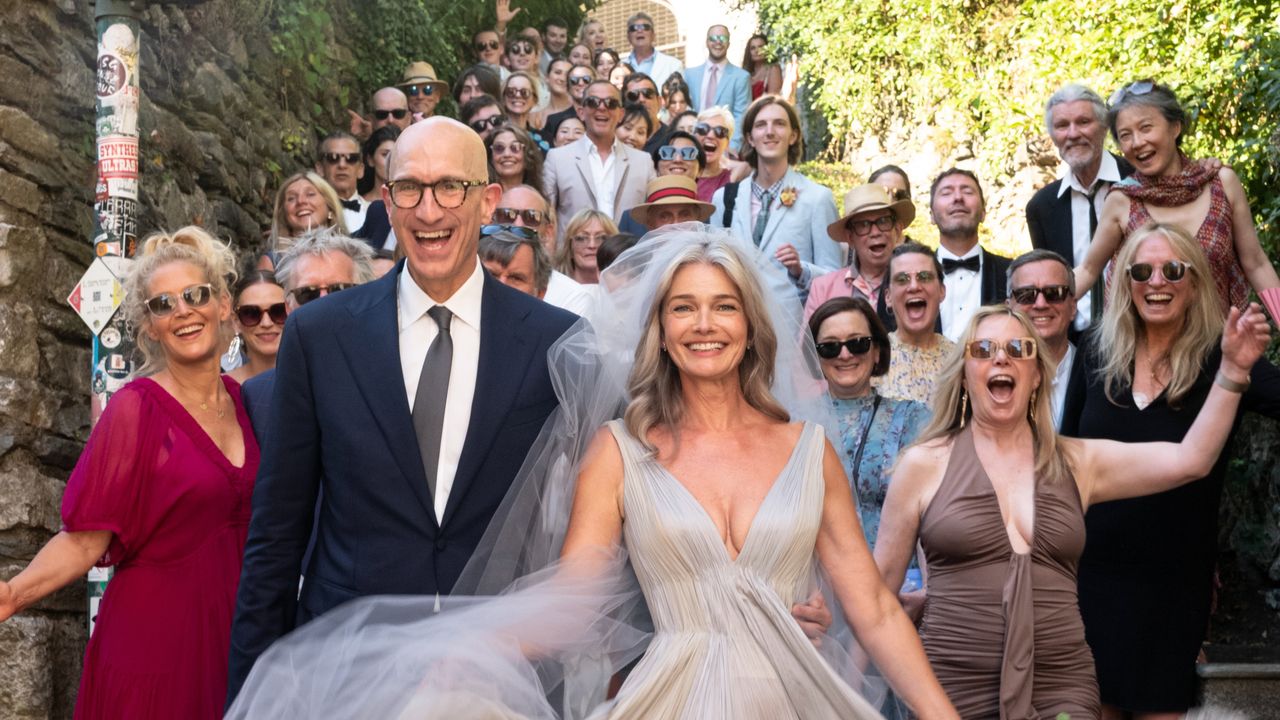 Paulina Porizkova Wore a Pleated Dress Inspired by Water for Her Lakeside Italian Wedding to Jeff Greenstein