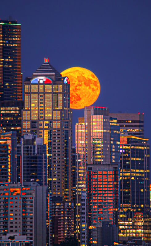 A large orange full moon rises behind tall, illuminated skyscrapers in a city at dusk, reflecting vibrant lights against the night sky.