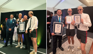 Split image of a Guinness World Records adjudicator standing with Pibull, Greg James and Jack Remmington, alongside a picture of just the adjudicator with Greg and Jack holding Guinness World Records certificates