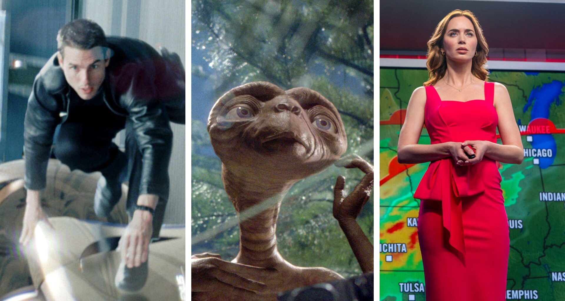 Split image showing three Steven Spielberg movies: Minority Report, E.T. the Extra-Terrestrial, and Disclosure Day