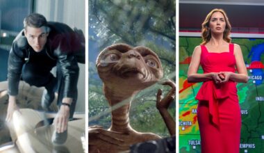 Split image showing three Steven Spielberg movies: Minority Report, E.T. the Extra-Terrestrial, and Disclosure Day