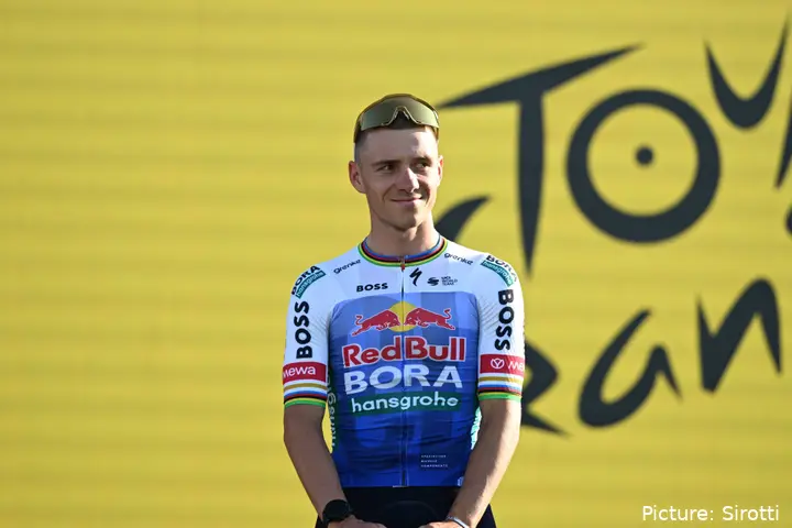 Remco Evenepoel at the 2026 Tour de France team presentation