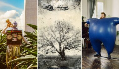 A triptych showing a person in a boombox costume playing a trumpet, a textured black-and-white tree, and a man in a blue suit.