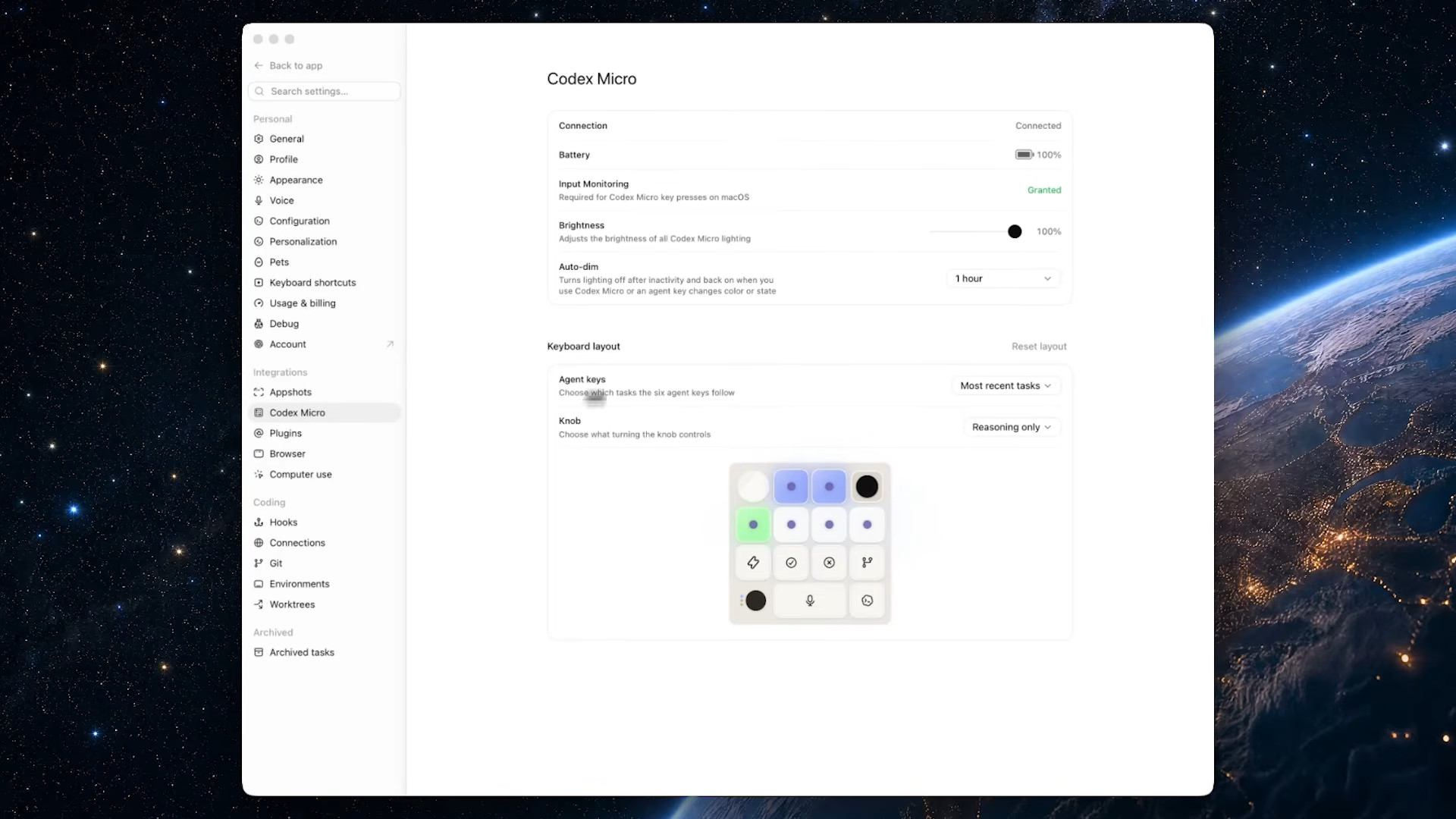 Codex Micro software showing menu with keyboard layout and customization