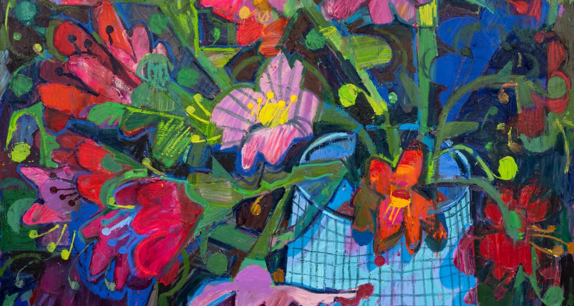 a gestural still life of flowers in a vase rendered in bright bold colors