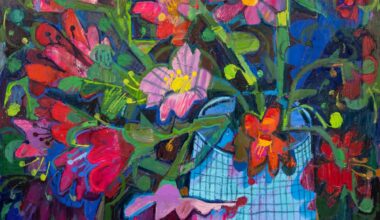 a gestural still life of flowers in a vase rendered in bright bold colors