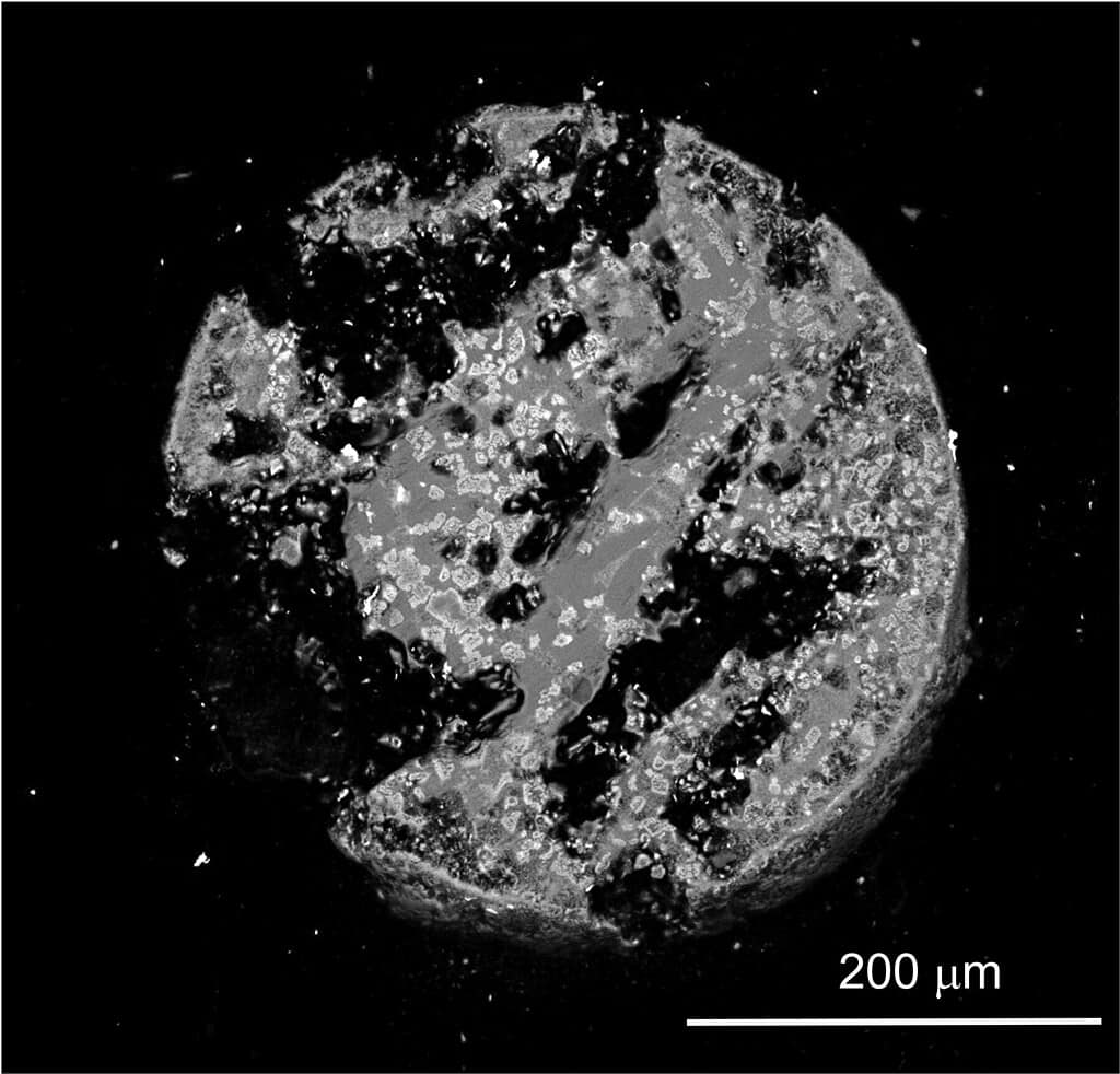 Microscope image of a circular piece of hiroshimaite 